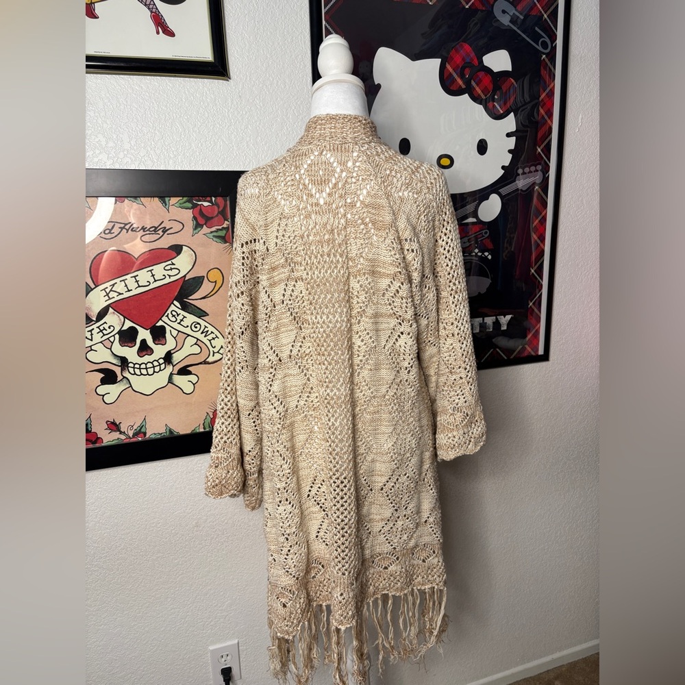 Roxy Cream & Tan Crochet Knit Cardigan with Fringe - Picture 5 of 7
